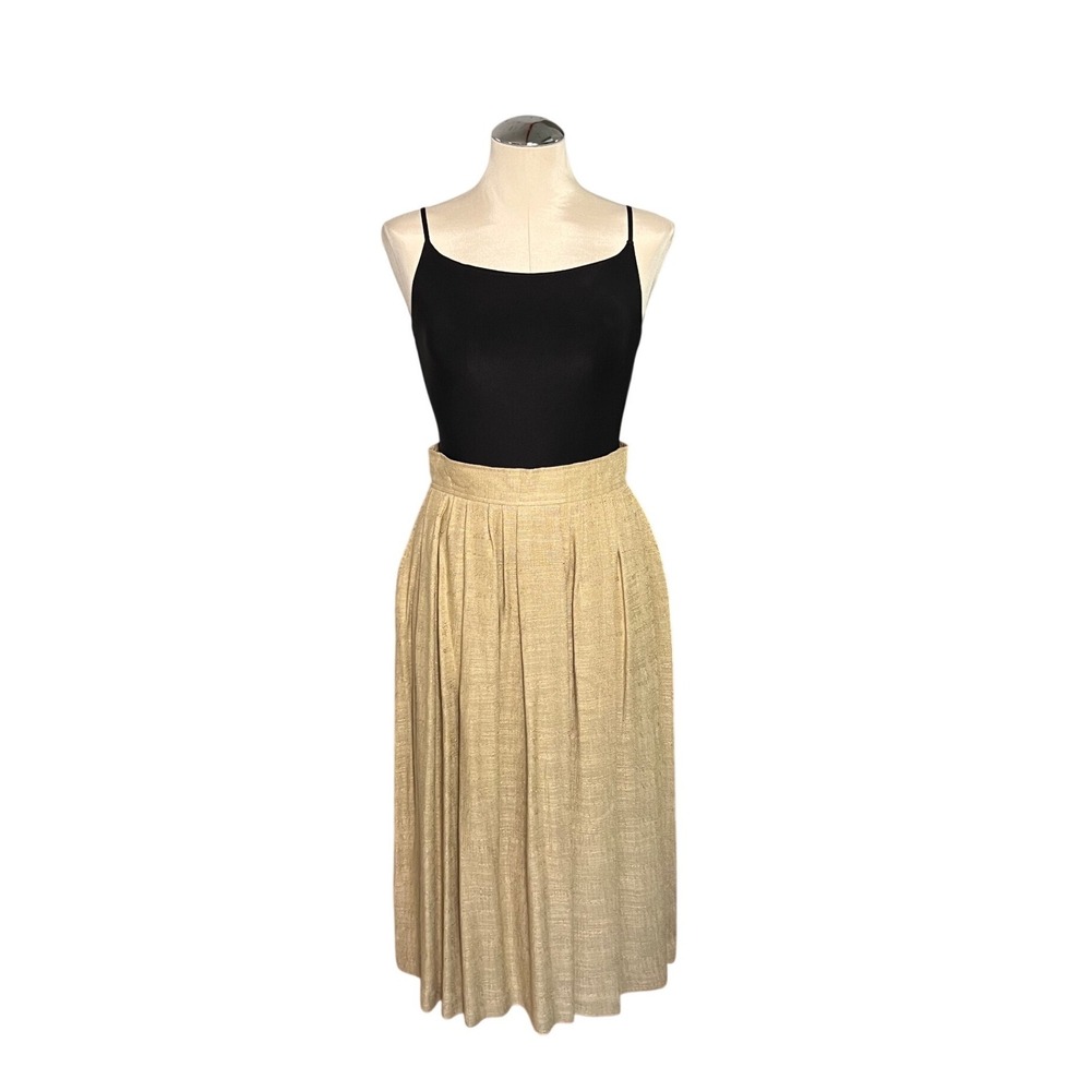 David Benjamin Vintage Tan Pleated Midi Skirt High Waist Linen Blend Size 9/10